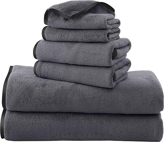 TENSTARS Luxury Silk Hemming Towel Set - Light Thin Quick Drying - 2 Bath Towels 2 Hand Towels 2 Washcloths - Ultra Soft