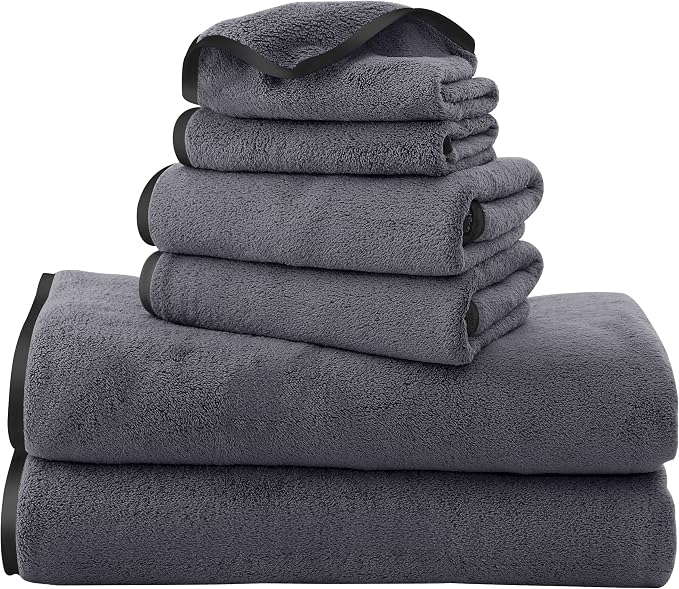 TENSTARS Luxury Silk Hemming Towel Set - Light Thin Quick Drying - 2 Bath Towels 2 Hand Towels 2 Washcloths - Ultra Soft