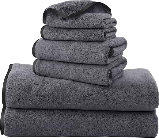 TENSTARS Luxury Silk Hemming Towel Set - Light Thin Quick Drying - 2 Bath Towels 2 Hand Towels 2 Washcloths - Ultra Soft