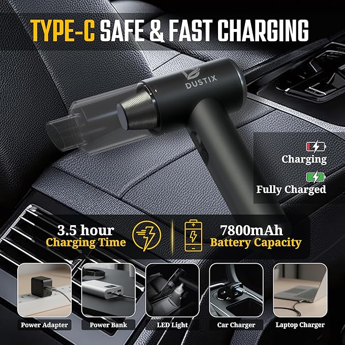 Cordless Handheld Car Vacuum Cleaner Powerful 20000Pa Triple Gear Mini Hoover Air Blower Duster Inflator Deflator Brushless Motor 7800mAh Portable Lightweight Home Office Kitchen