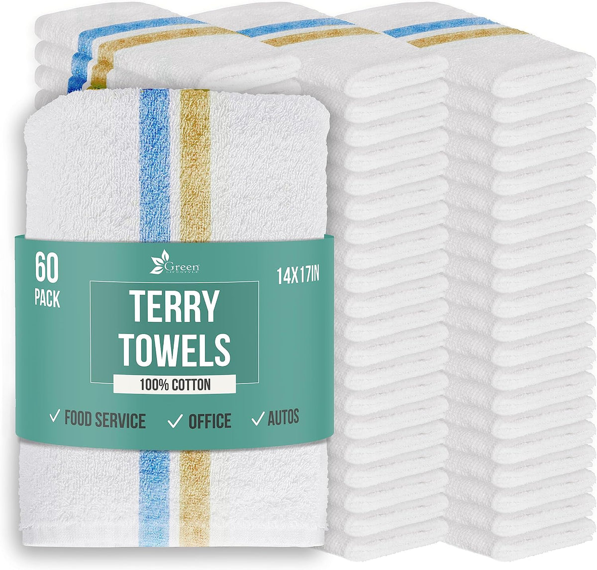 Terry Towels 14" x 17" 60 Pack - Cotton Bar Towels, Cleaning Rags, White Terry Cloth Towels, Absorbent Kitchen Towels for Restaurant, Food Service and Home Use (Blue & Orange Stripe)