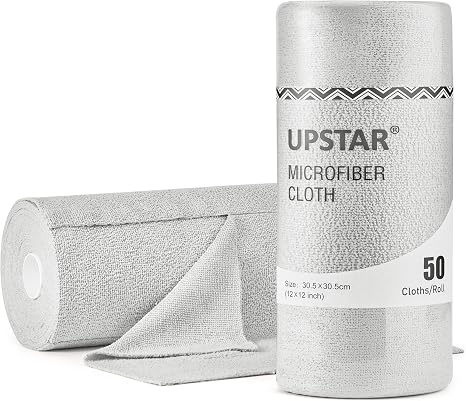 UPSTAR Microfiber Cleaning Cloth, Reusable Paper Towels Rolls, 50 Packs 12x12 inch Cleaning Rags for Washing Dishes, Kit