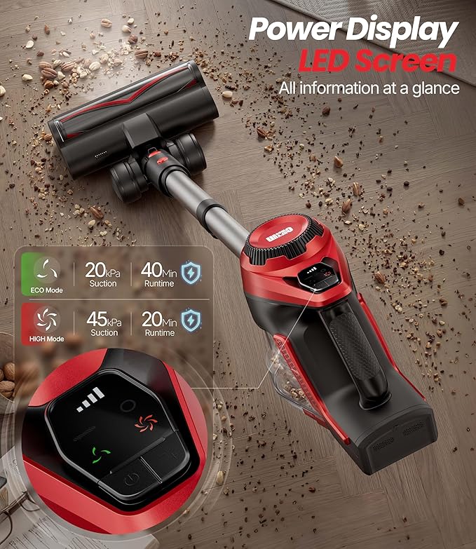 Cordless Vacuum Cleaner for Home, Stick Vacuum 45Kpa, Smart Display & 1.5L Dust Cup, MAX 40mins Runtime, Rechargeable Lightweight Handheld Vavuum for Pet Hair/Carpet/Hardwood Floor/Car (Crimson)
