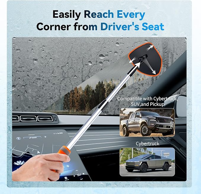 XINDELL Windshield Cleaner Tool, Car Window Cleaning Kit with 4 Reusable Microfiber Pads, Extendable Handle & 360° Rotating Head, Safety Hammer, Streak-Free Auto Glass Wiper for Car Truck SUV RV