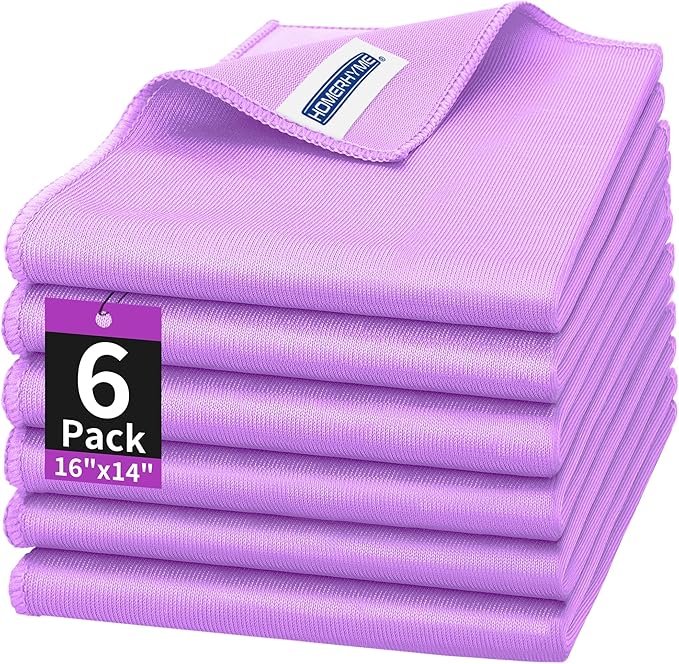 Microfiber Cleaning Cloth - 6 Pack Glasses Cleaning Cloth, 16" x 14" Window Cleaning Rags, Streak Free Lint Free Polishing Cloths Wipes for Eye Glass, Stainless Steel, Windshield, Purple