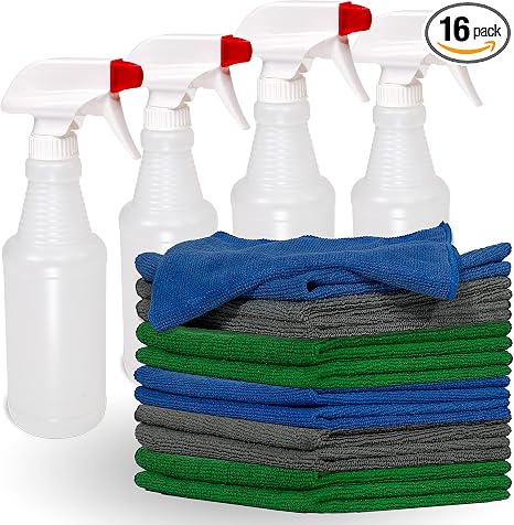 Pinnacle Mercantile 12 Microfiber Cloths and 4 Spray Bottles, Extra Large 16x16in Highly Absorbent Lint Free Towels and 