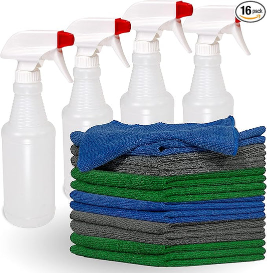Pinnacle Mercantile 12 Microfiber Cloths and 4 Spray Bottles, Extra Large 16x16in Highly Absorbent Lint Free Towels and 16oz Heavy Duty Spray Bottles for Cleaning Home Kitchen Car or Janitorial