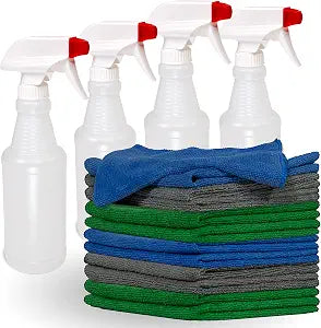 Pinnacle Mercantile 12 Microfiber Cloths and 4 Spray Bottles, Extra Large 16x16in Highly Absorbent Lint Free Towels and 