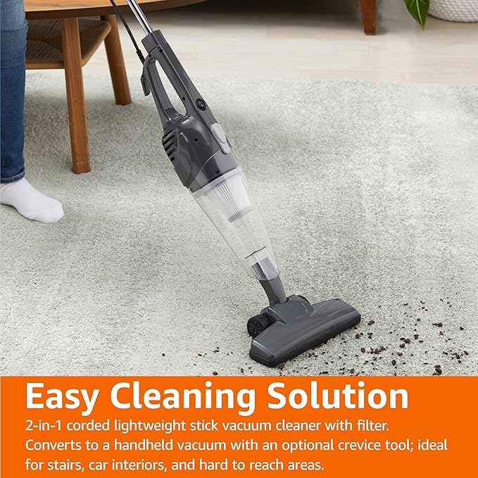 Amazon Basics 2-in-1 Corded Stick Vacuum Cleaner, Converts to Handheld, Lightweight (3.9 LBS), with Washable Filter, Crevice Tools, 0.5L Dust Cup, Self-Standing, 19.7-Ft Cord, 300W, Black