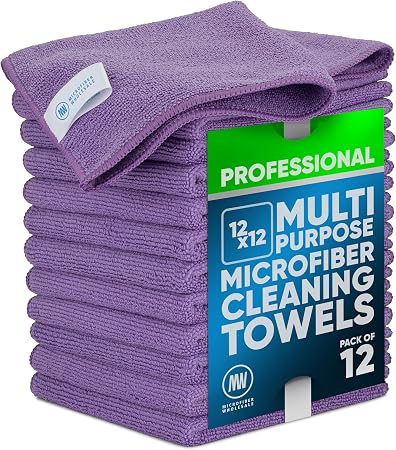 MW PRO Microfiber Cleaning Cloths Purple (12 Pack, 12x12) - Commercial Janitorial Towels & Lint Free Rags - Heavy Duty f