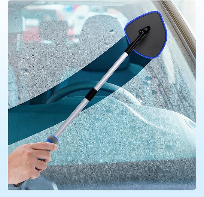 XINDELL Windshield Cleaner Tool, Car Window Cleaning Kit with 5 Reusable Microfiber Pads, Extendable Handle & 360° Rotating Head, Safety Hammer, Streak-Free Auto Glass Wiper for Car Truck SUV RV