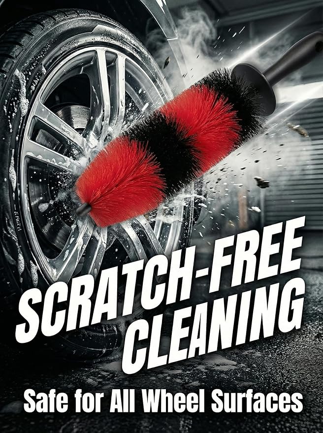 TAKAVU Master Wheel Tire Brush, Easy Reach Wheel and Rim Detailing Brush Long Soft Bristle, Car Tire Brush, Wheel Scrub Brush, Multipurpose use for Wheels Rims Exhaust Tips Motorcycles (Red)