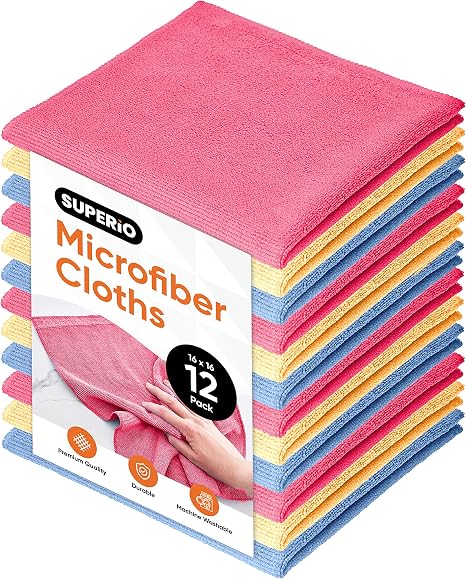 Superio Microfiber Cleaning Cloth 16"x16" Highly Absorbent Cleaning Rags for House, Kitchen, Bathroom,Car 12 Pack Multi 