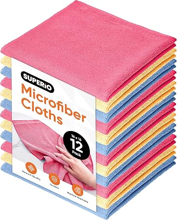 Superio Microfiber Cleaning Cloth 16"x16" Highly Absorbent Cleaning Rags for House, Kitchen, Bathroom,Car 12 Pack Multi 