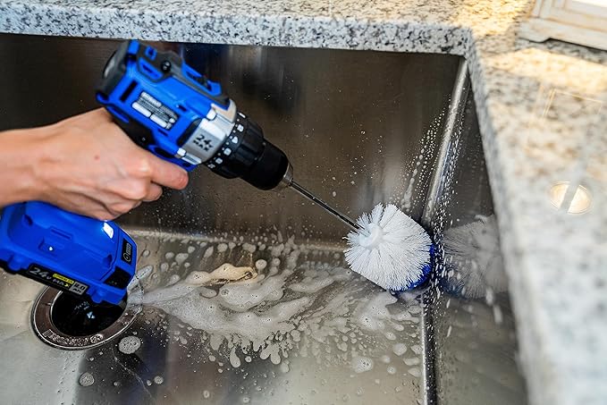 RotoScrub Long Reach Drill Brush Attachment, All Purpose for Car Tires, Toilets, Corners, Edges, Hard to Reach Areas, Heavy Duty Bristles