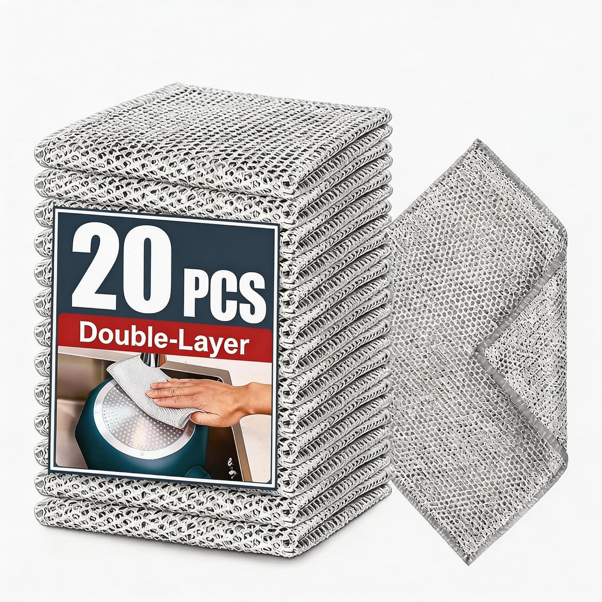 Double-Layer Steel Wire Cleaning Cloth - Non-Scratch Wire Dishcloth Rag Heavy Duty Scrub Pads Multi-Purpose Silver Mesh Scouring Pads for Dishes, Pots, Pans (20PCS)