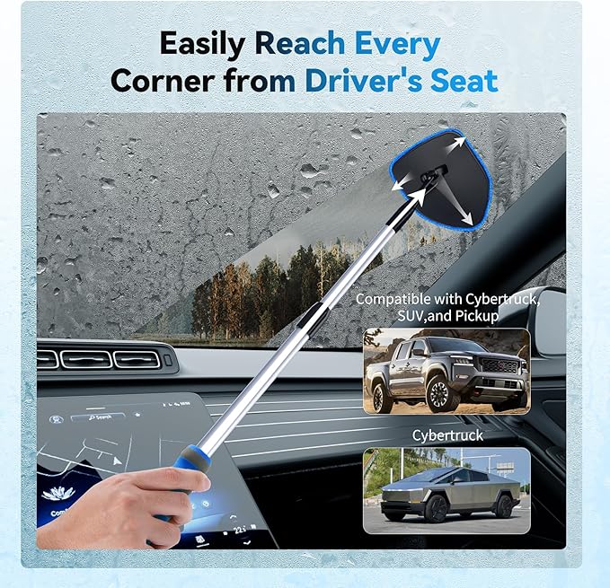 XINDELL Windshield Cleaner Tool, Car Window Cleaning Kit with 5 Reusable Microfiber Pads, Extendable Handle & 360° Rotating Head, Safety Hammer, Streak-Free Auto Glass Wiper for Car Truck SUV RV