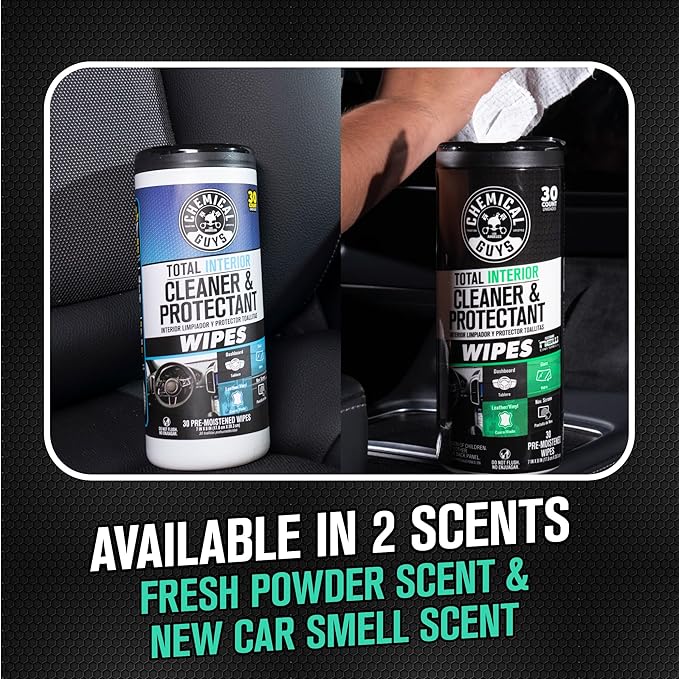 Chemical Guys Total Interior New Car Smell Cleaner & Protectant Wipes – All-in-One Interior Cleaning Wipes for Dashboards, Vinyl, Leather, Fabric & Glass – Cleans & Protects, New Car Scent, 30 Ct