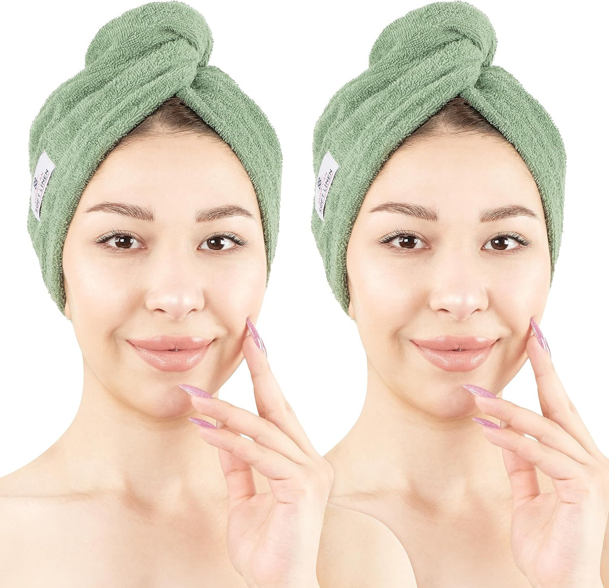 100% Cotton Hair Towels for Women, Head Towel Cap, Cotton Hair Turban Towel Wrap for Long Curly Anti Frizz Hair, Soft and Absorbent Cotton Hair Towels 2 Pack, Sage Green