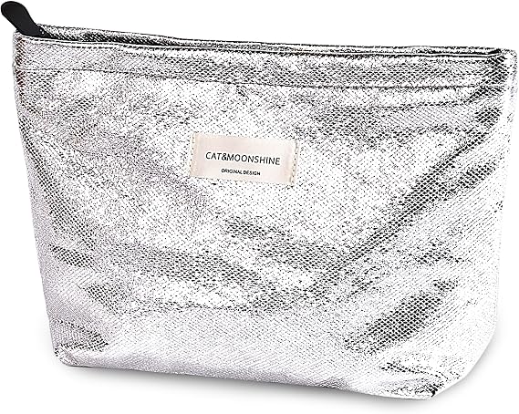 Sminra Silver Makeup Bag for Purse, Sparkly Glitter Cosmetic Zipper Pouch