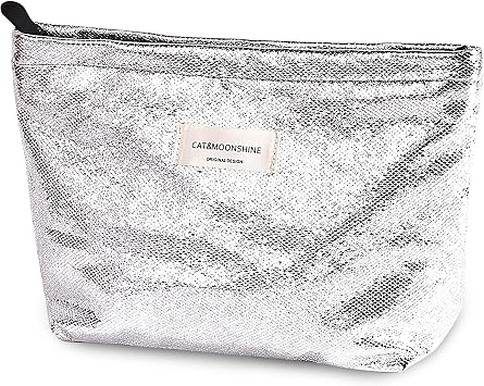 Sminra Silver Makeup Bag for Purse, Sparkly Glitter Cosmetic Zipper Pouch
