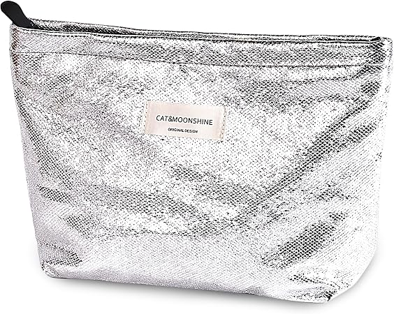 Sminra Silver Makeup Bag for Purse, Sparkly Glitter Cosmetic Zipper Pouch