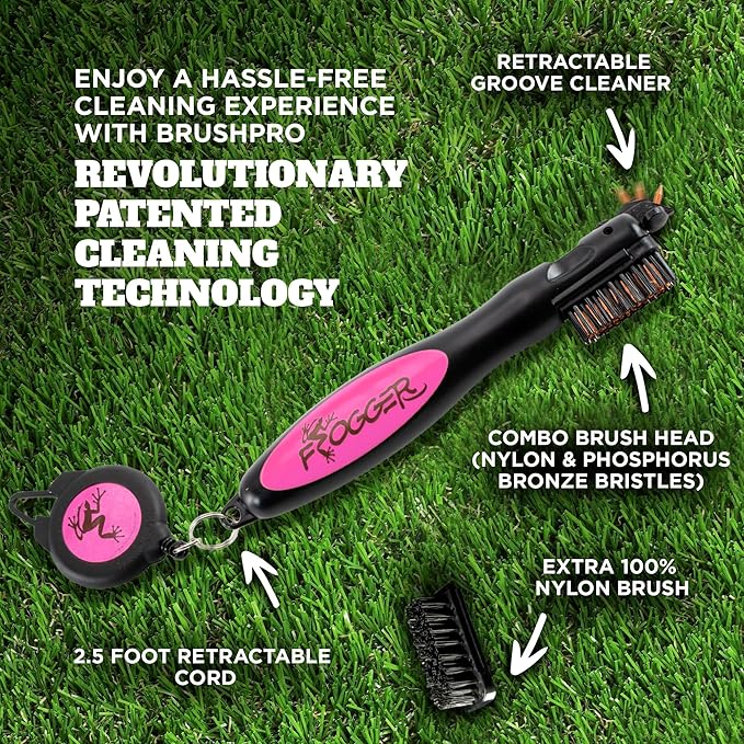 Frogger BrushPro Golf Club Cleaner with Ergonomic Grip and 2.5 ft. Retractable Cord - Sturdy Golf Club Brush and Groove Cleaner for Golfers