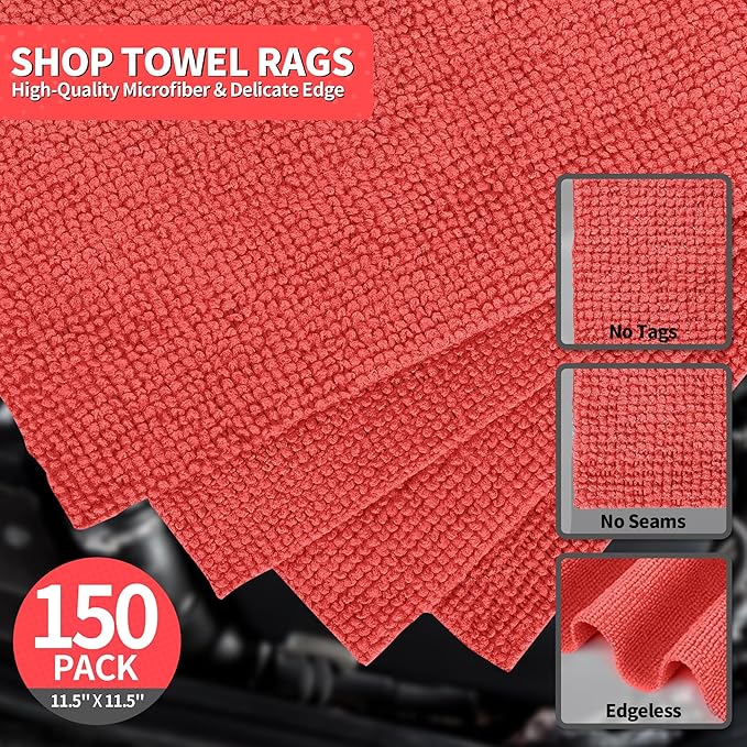 Microfiber Cleaning Cloth, 150 Pack Cleaning Rags Microfiber Towel Bulk Absorbent Lint-Free WashCloths, All-Purpose Towels for Cars, Shop, Automotive, Garage, Home Kitchen 11.5"*11.5", Red