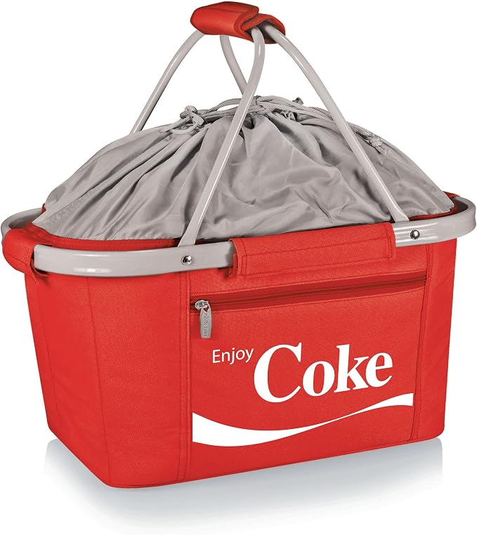 PICNIC TIME Coca-Cola Enjoy Coke Metro Shopping Basket, Insulated Collapsible Picnic Basket Cooler Tote with Aluminum Fr