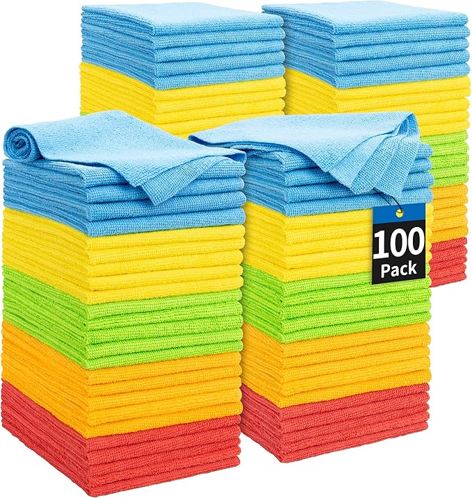 Microfiber Cleaning Cloth, 100 Pack Cleaning Rags Microfiber Towel Bulk Absorbent Lint-Free Wash Cloths, All-Purpose Shop Towels for Cars, Automotive, Garage, Home & Kitchen 11.5"*11.5"