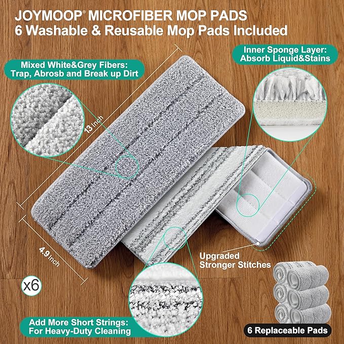 JOYMOOP Mop and Bucket Set, Commercial & Household Use, Flat Mops for Floor Cleaning, Wall Mop Cleaner with Long Handle, Hardwood Floor Mop with 6 Microfiber Pads