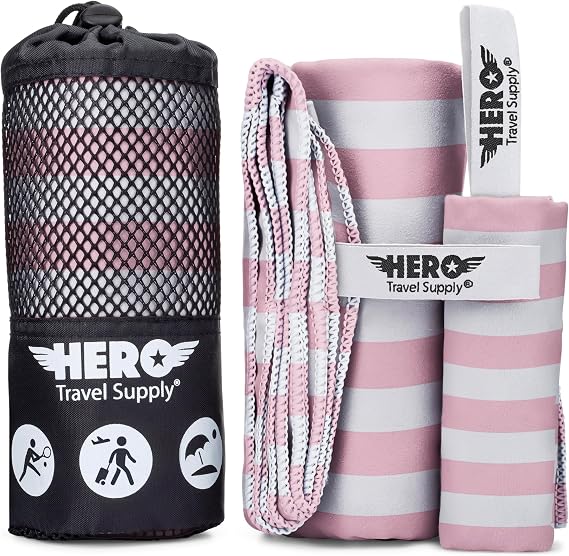 Hero Microfiber Towel, Camping, Beach, Gym, Includes Bonus Washcloth (Pink Stripe, 24" x 48")