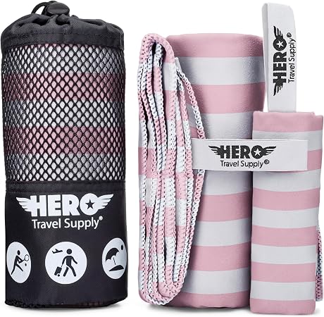 Hero Microfiber Towel, Camping, Beach, Gym, Includes Bonus Washcloth (Pink Stripe, 24" x 48")