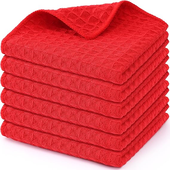 Homaxy Microfiber Waffle Weave Kitchen Dish Cloths, 6 Pack, Red