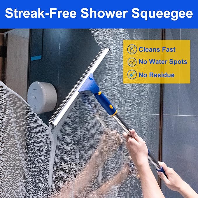 14" Shower Squeegee for Glass Doors, All-Purpose Extendable Squeegee for Shower Glass with 2 Blades,Window Squeegee,Window Cleaner Tool for Shower Doors, Windows, Bathroom and Car Windshields