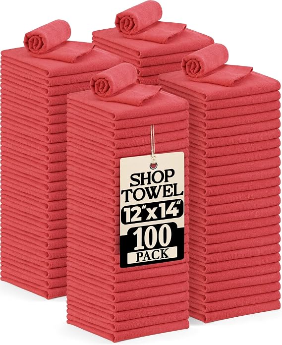Utopia Cotton Shop Towels, 100 Pack, 12x14 Cleaning Rags, Red