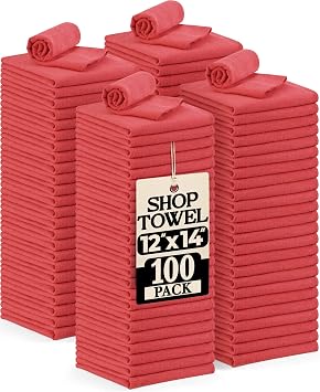 Utopia Cotton Shop Towels, 100 Pack, 12x14 Cleaning Rags, Red