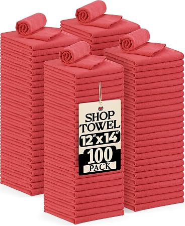 Utopia Cotton Shop Towels, 100 Pack, 12x14 Cleaning Rags, Red