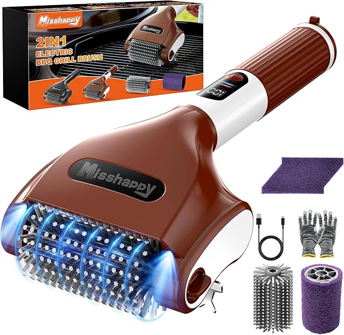 Misshappy Electric BBQ Grill Brush - 4000mAh Cordless BBQ Grill Cleaner 2 Speed - 800RPM Bristle Free Electric Grill Cleaner for Outdoor Grill Rechargeable with Scraper/LED Light/LED Display (Brown)