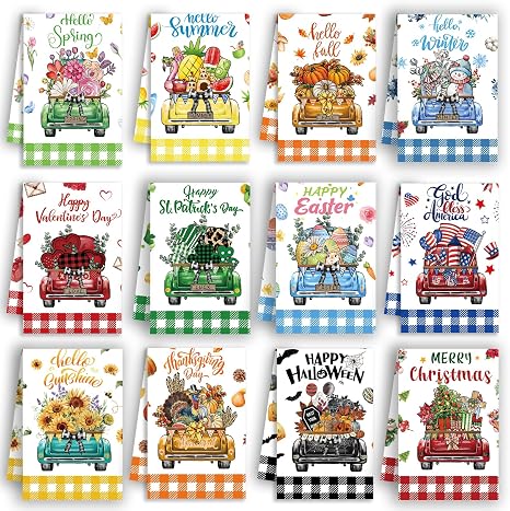 Rustic Truck Holiday Kitchen Towels Set of 12, Seasonal Kitchen Towels and Dishcloths Sets, Cute Car Holiday Dish Towels