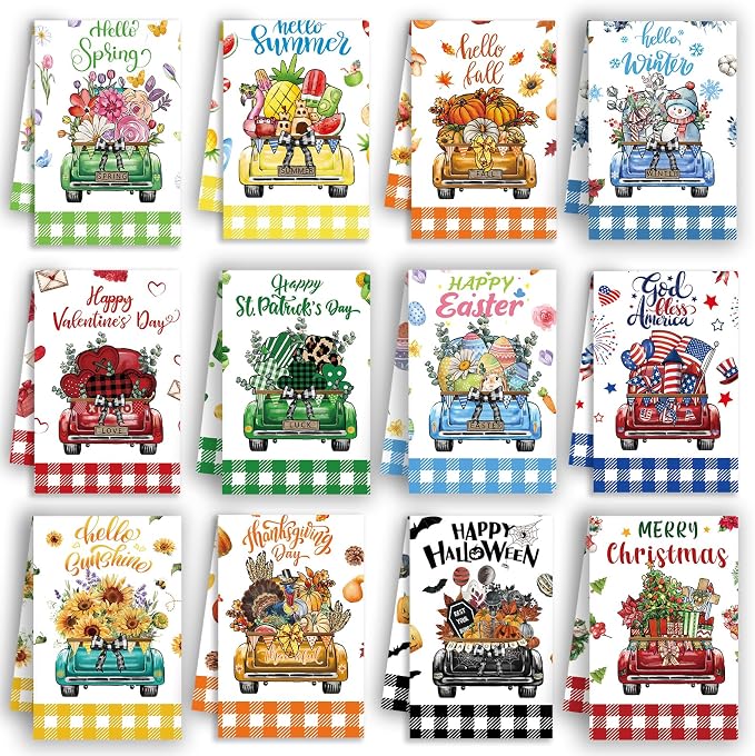 Rustic Truck Holiday Kitchen Towels Set of 12, Seasonal Kitchen Towels and Dishcloths Sets, Cute Car Holiday Dish Towels