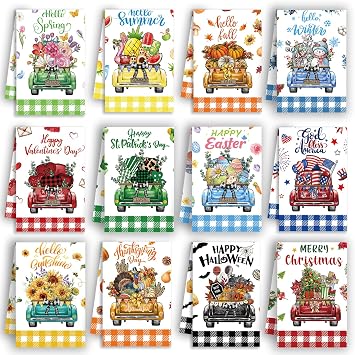 Rustic Truck Holiday Kitchen Towels Set of 12, Seasonal Kitchen Towels and Dishcloths Sets, Cute Car Holiday Dish Towels