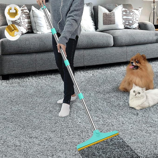 B-Land Carpet Rake for Pet Hair Removal, Reusable Pet Hair Remover with 60” Adjustable Long Handle, Carpet Scraper Dog Cat Hair Remover Tool for Rugs, Mats, Couch, Furniture Blue