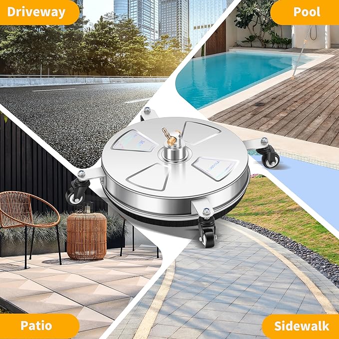 16" Pressure Washer Surface Cleaner with 4 Wheels - Stainless Steel Surface Cleaner for Pressure Washer Attachment for Concrete, Patio, Sidewalk, Deck, Driveways and Daily Washing - PWS 16