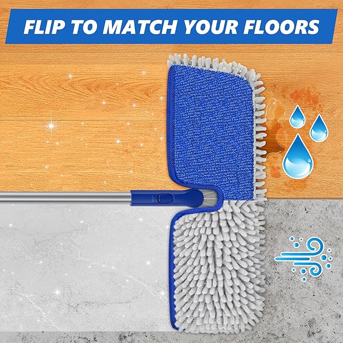 2-Sided Microfiber Dust Mop: Dry Flat Wall Mop for Hardwood Floors with 3 Reusable Pads Reversible Head for Apartment Kitchen Tile Laminate Pet Hair Cleaning
