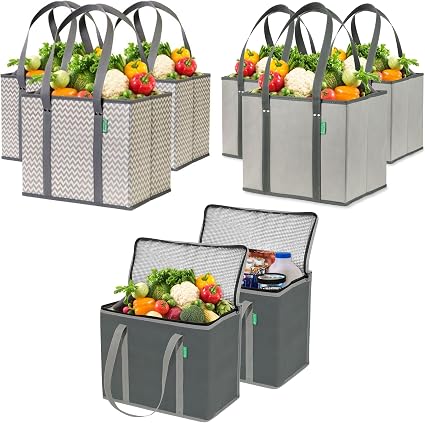 Creative Green Life Family Sized Shopping Bag 8-Pack - Reusable Grocery Box Bags (6) – Insulated Grocery Bags (2) – Prem