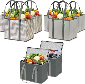 Creative Green Life Family Sized Shopping Bag 8-Pack - Reusable Grocery Box Bags (6) – Insulated Grocery Bags (2) – Prem