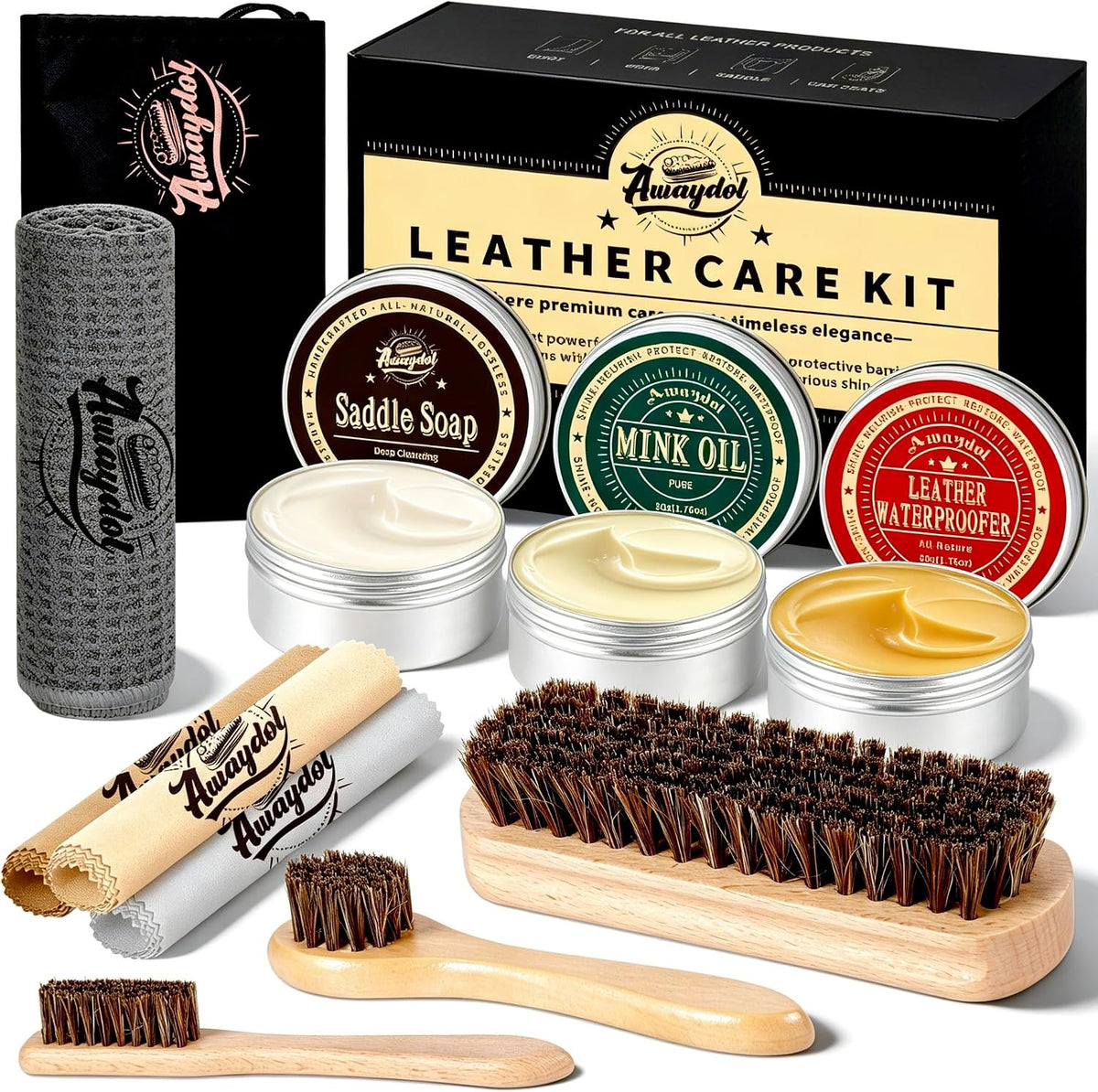 11 PCS Leather Care Kit - Horsehair Brushes,Saddle Soap,Waterproofing Wax,Mink Oil Conditioner,Polishing Cloth,Microfiber cloth,Boot Shoe Shine Cleaning Kit Gift for Men Cowboy Husband Dad