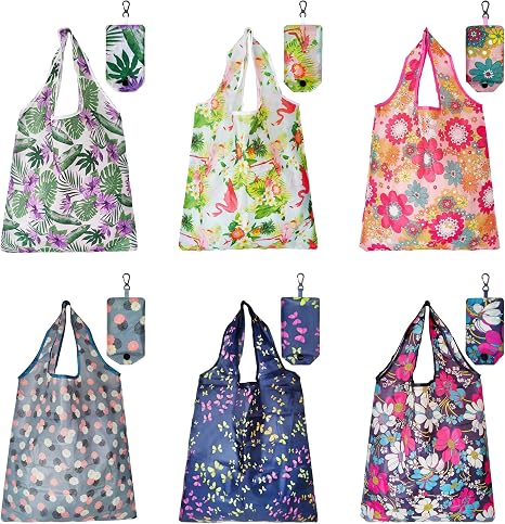 HIQU and HIST 6 Pcs Reusable Shopping Bags, Foldable Grocery Bags in Pocket, Eco-friendly Travel Recycle Shopping Bags,W