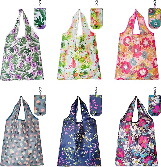 HIQU and HIST 6 Pcs Reusable Shopping Bags, Foldable Grocery Bags in Pocket, Eco-friendly Travel Recycle Shopping Bags,W